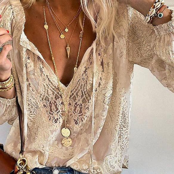 Vivien Women's Blouse – Elegant Lace Blouse with Bow & Transparent Details