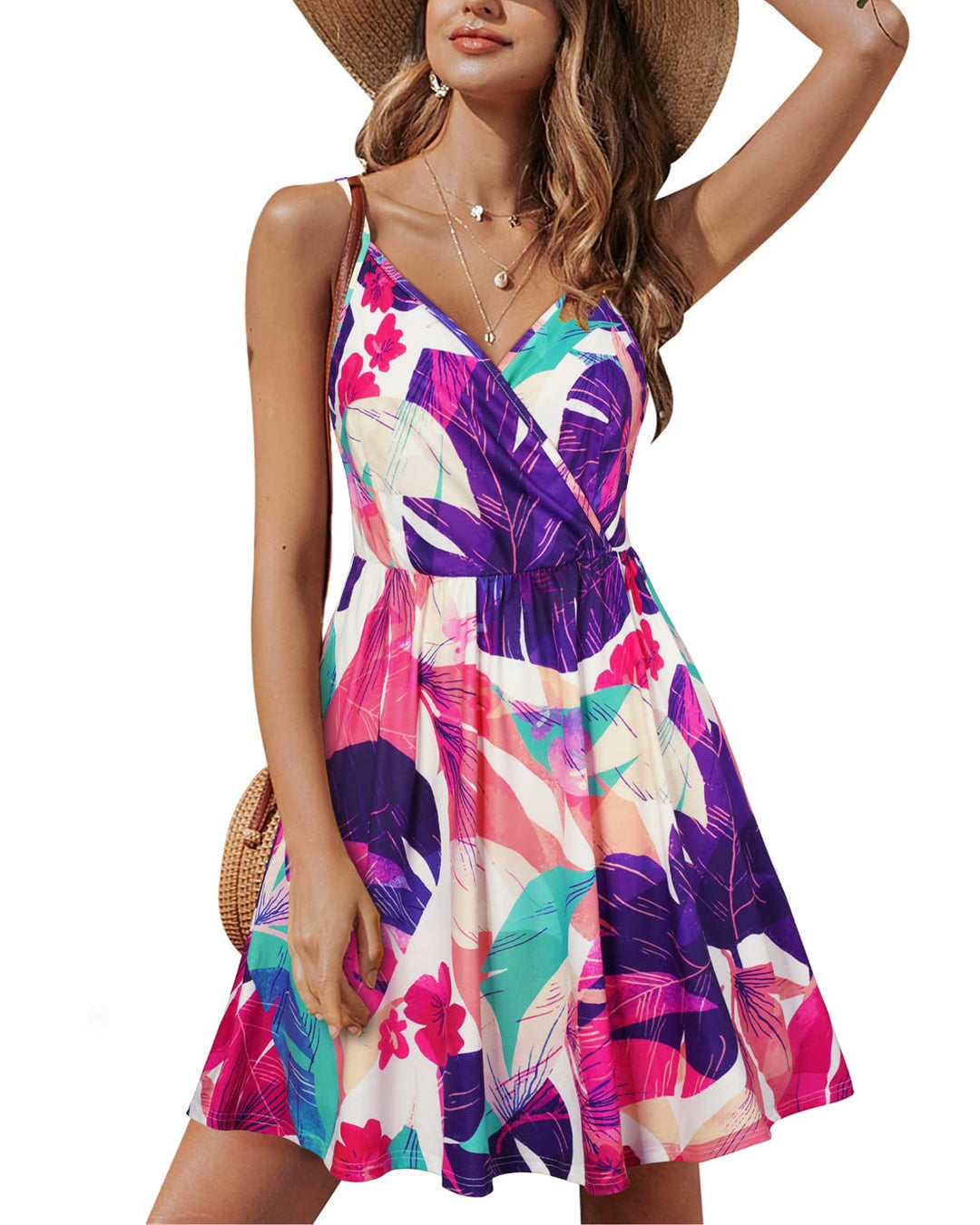 Lusha Women's Dress – V-Neck, Thin Straps, A-Line Midi Cut & Elastic Waist Pockets Summer