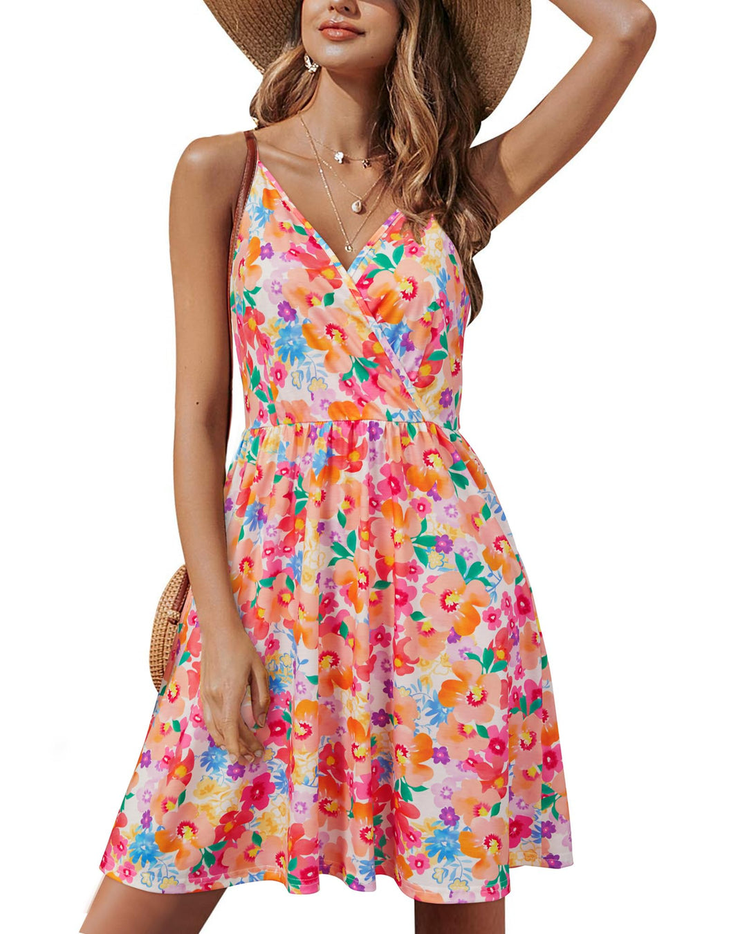 Lusha Women's Dress – V-Neck, Thin Straps, A-Line Midi Cut & Elastic Waist Pockets Summer