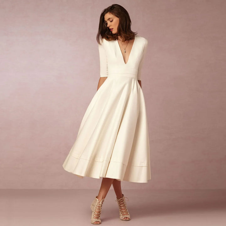 Ivory Midi Dress for Women – Fitted Cotton Dress with Elegant Cut