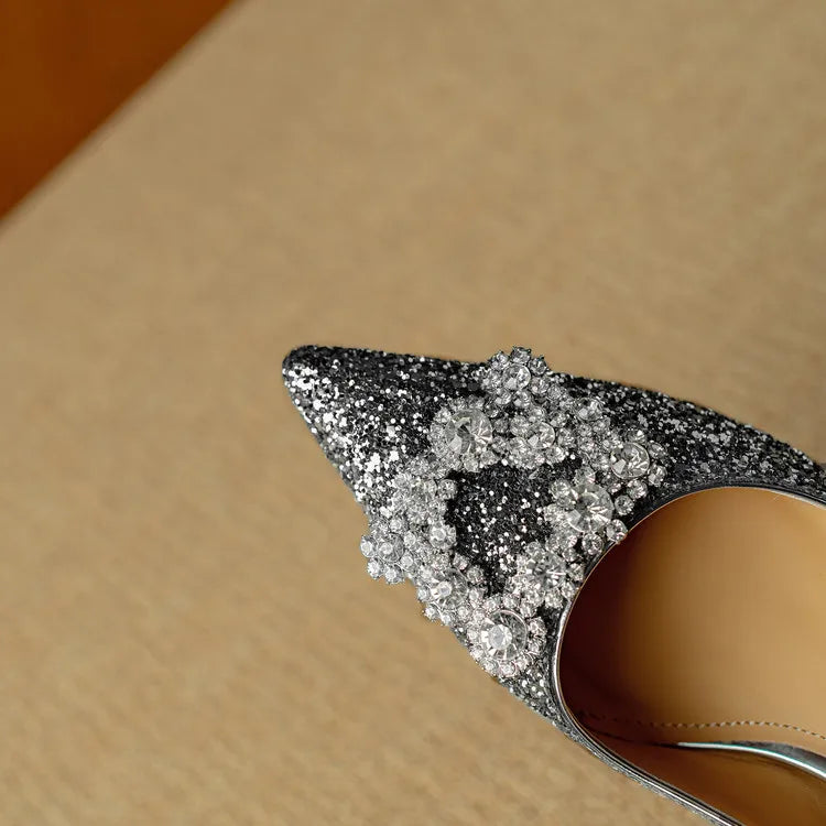 Stella | Women's Glitter Block Heel Pumps Pointed Toe Crystal Buckle