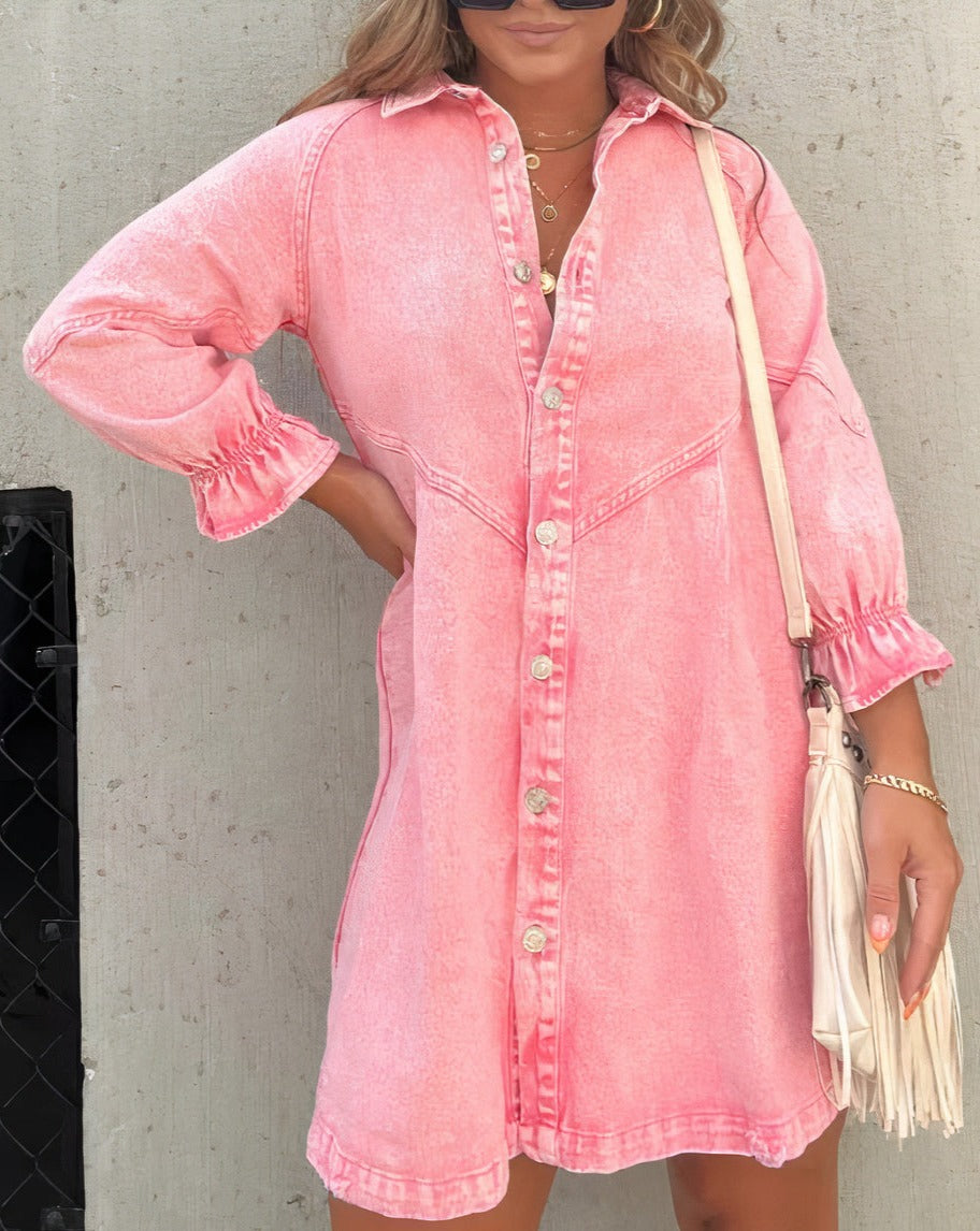 Namy Women's Denim Dress – Shirt Dress with Collar, 3/4 Sleeves, and Flared Cut