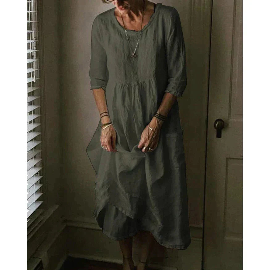 Félesca Maxi Dress for Women – Airy Blend of Cotton and Linen, Round Neck & Short Sleeves