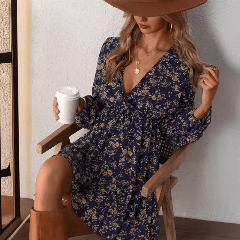 Selina Mini Dress for Women – Romantic Floral Print with V-Neck and Fitted, Flowing Cut