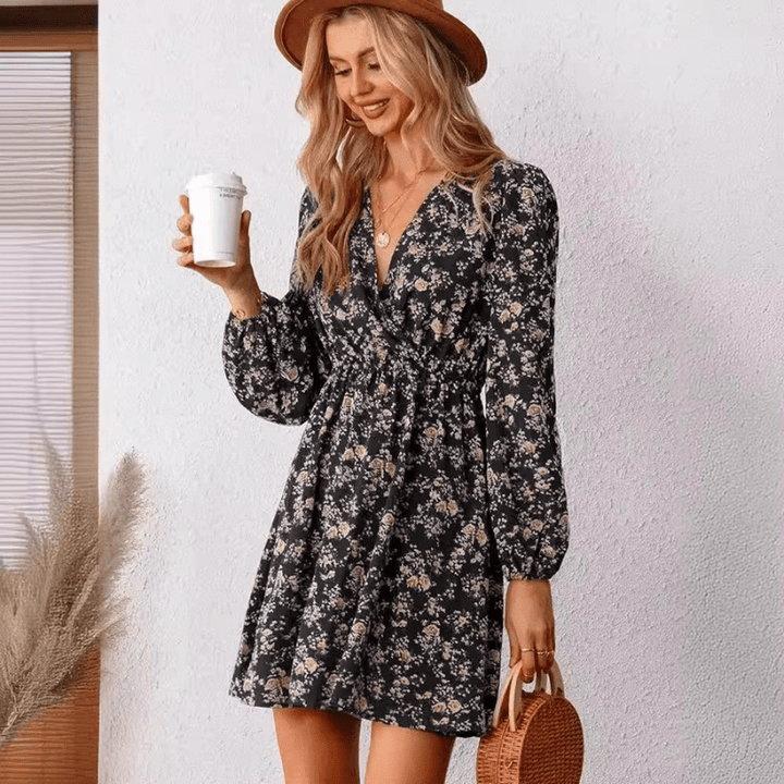 Selina Mini Dress for Women – Romantic Floral Print with V-Neck and Fitted, Flowing Cut