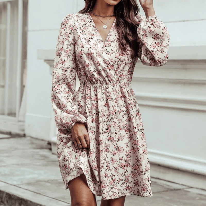 Selina Mini Dress for Women – Romantic Floral Print with V-Neck and Fitted, Flowing Cut