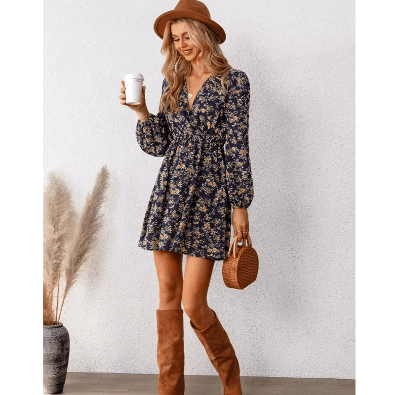 Selina Mini Dress for Women – Romantic Floral Print with V-Neck and Fitted, Flowing Cut