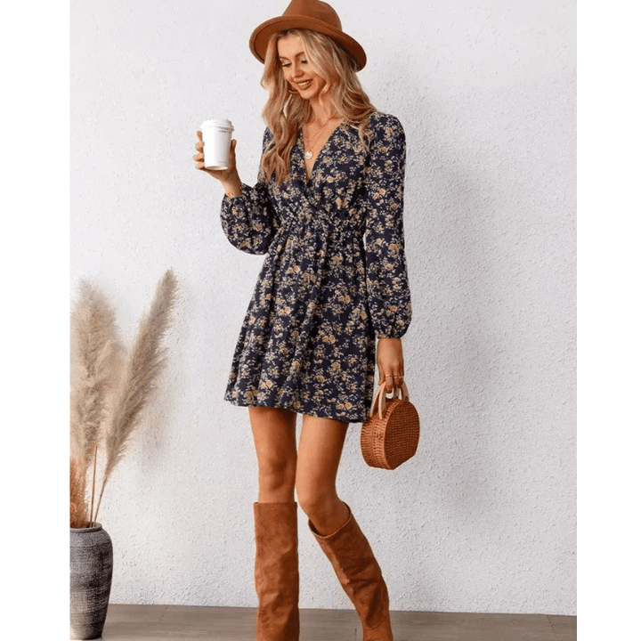 Selina Mini Dress for Women – Romantic Floral Print with V-Neck and Fitted, Flowing Cut