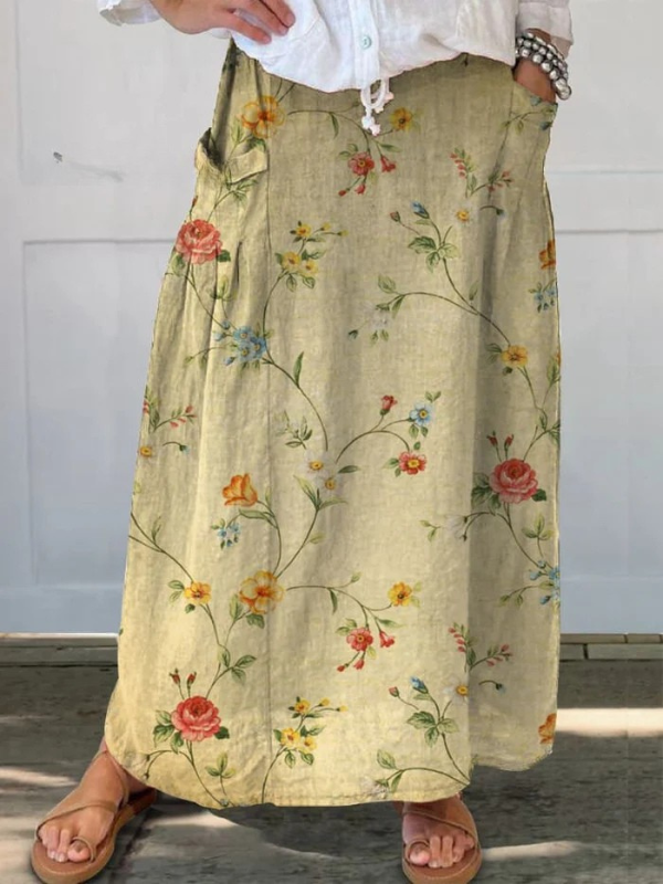 Mella™ | Retro Elegant Floral Art Elastic Waistband Pocket Skirt