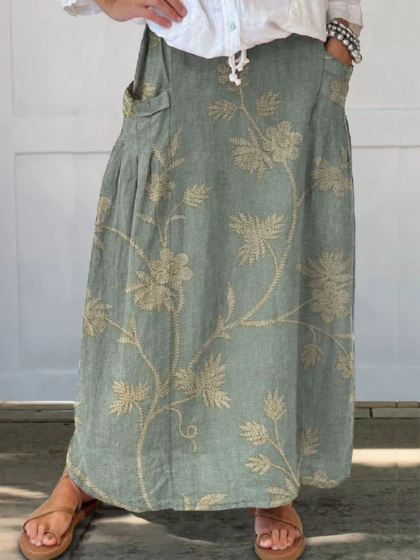 Mella™ | Retro Elegant Floral Art Elastic Waistband Pocket Skirt