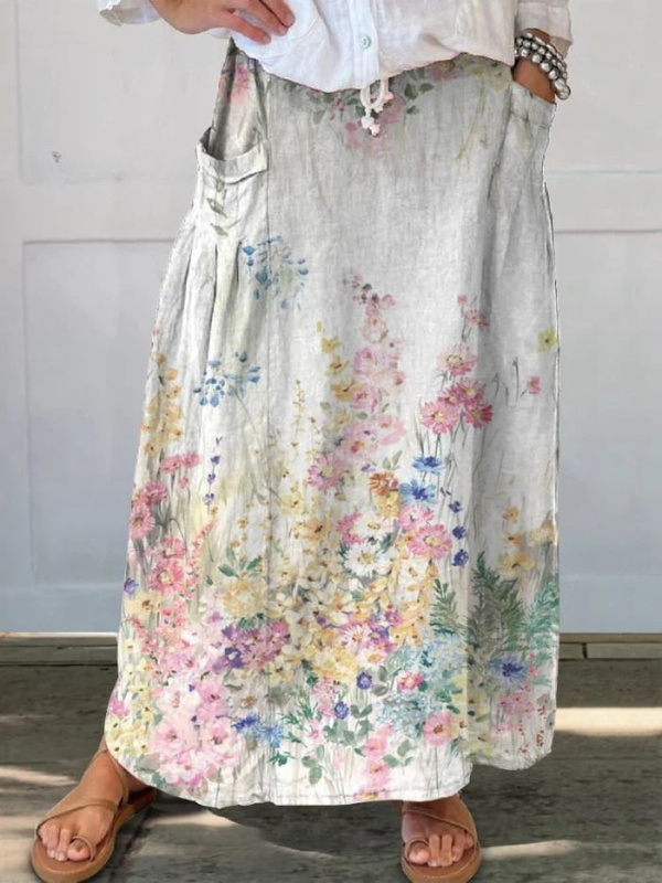 Mella™ | Retro Elegant Floral Art Elastic Waistband Pocket Skirt