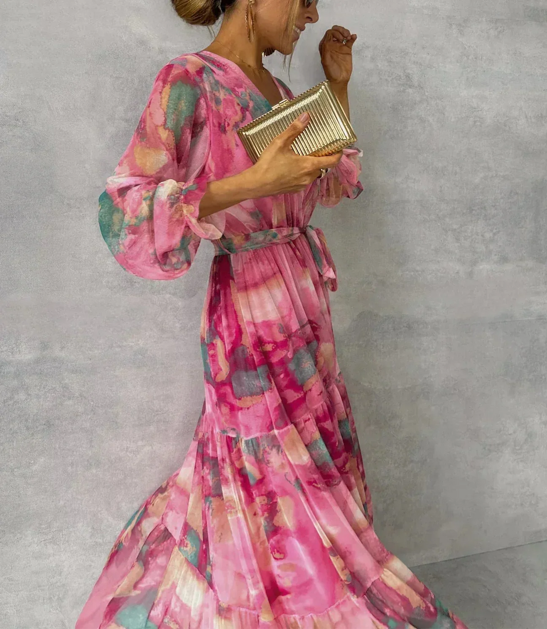 Long Dress for Women Kate – Elegant Floral Pink Dress with Long Sleeves & Flowing Cut