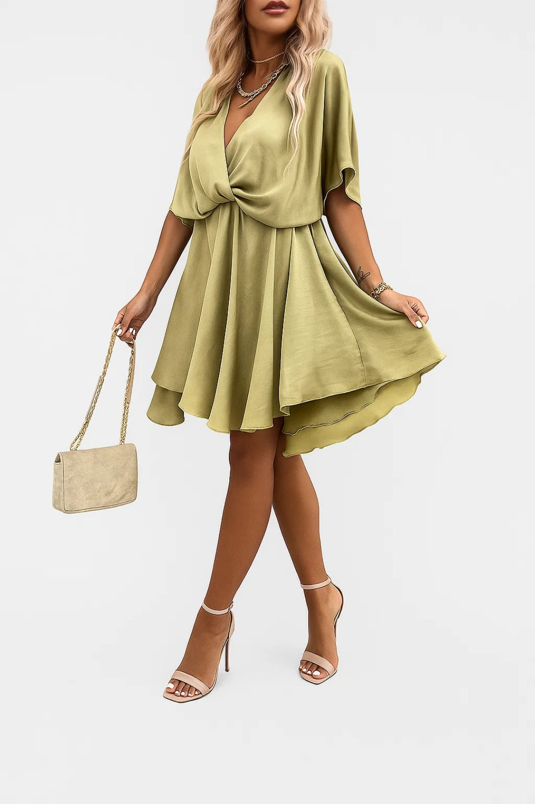 Aleena Short Chiffon Dress – Elegant V-Neck Dress with Bow and Lightweight Design