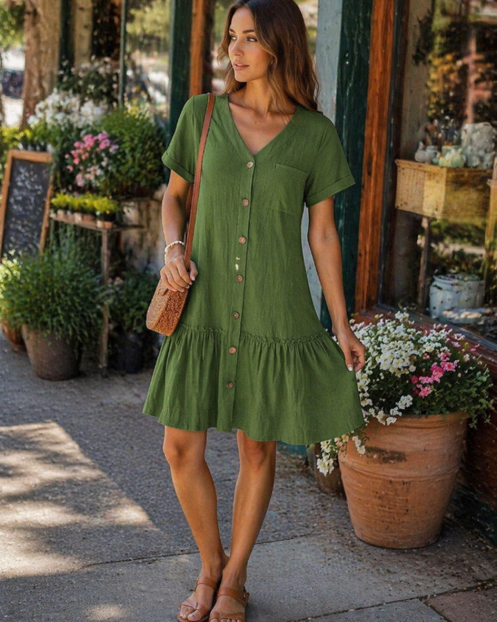 Tianka Women's Dress – Cotton & Linen, V-Neck & Loose Fit Buttoned Summer Elegant