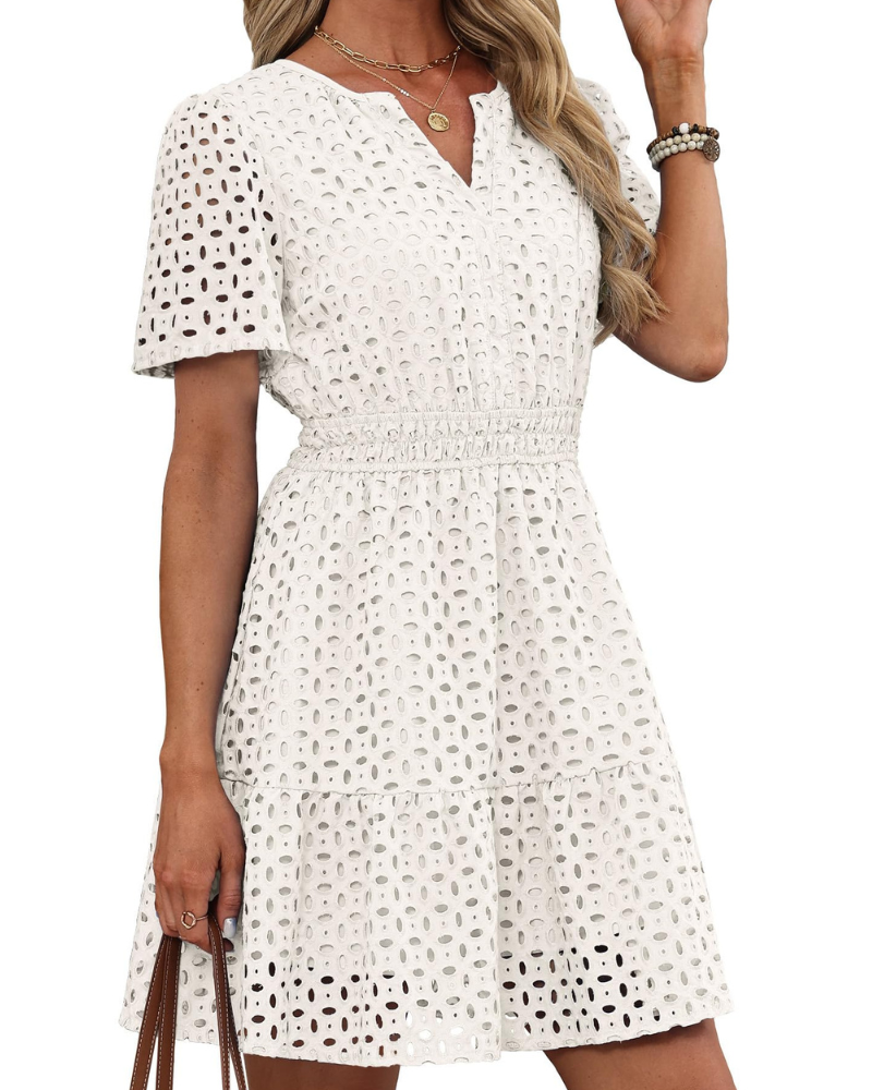 Hedwig Women's Dress – V-Neck Embroidered Lace, Short Sleeves & Mini High-Waisted Cut for Summer