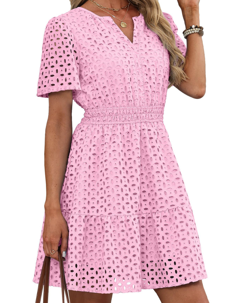 Hedwig Women's Dress – V-Neck Embroidered Lace, Short Sleeves & Mini High-Waisted Cut for Summer