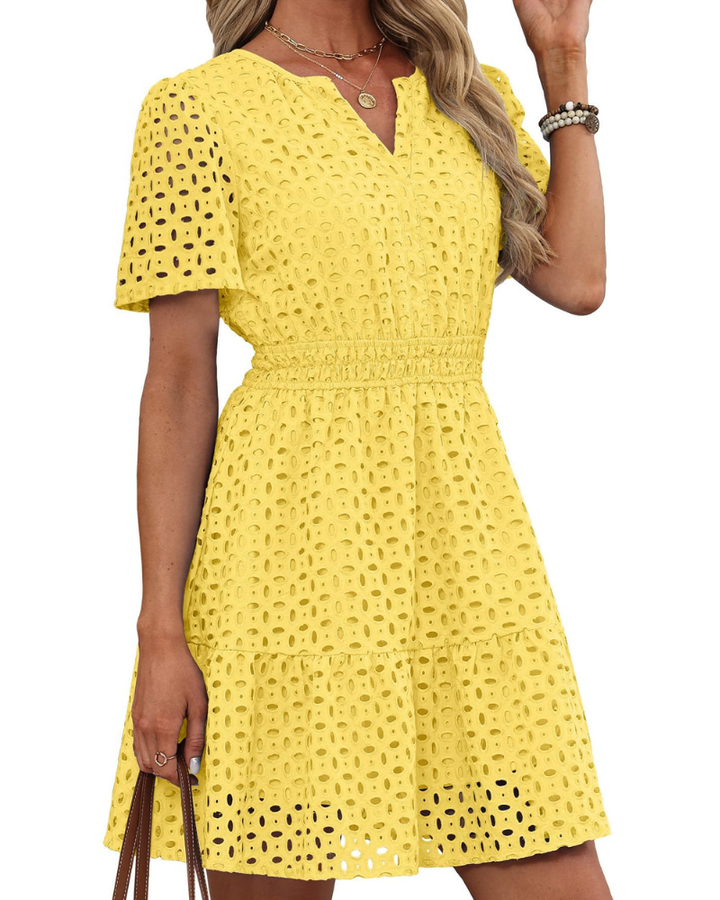 Hedwig Women's Dress – V-Neck Embroidered Lace, Short Sleeves & Mini High-Waisted Cut for Summer