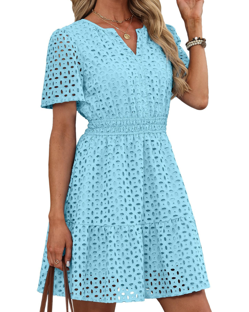Hedwig Women's Dress – V-Neck Embroidered Lace, Short Sleeves & Mini High-Waisted Cut for Summer