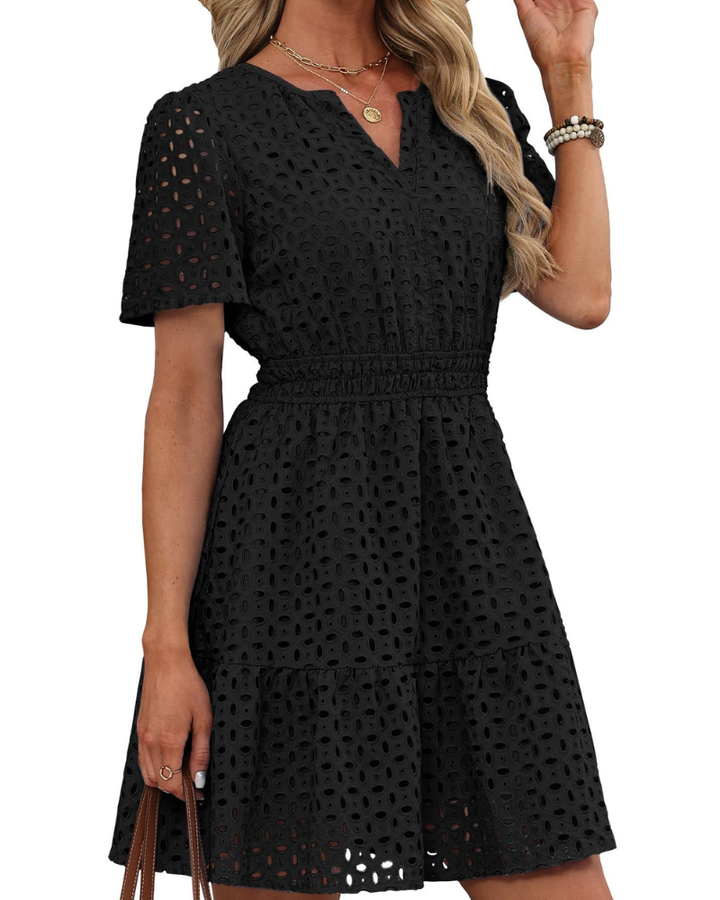 Hedwig Women's Dress – V-Neck Embroidered Lace, Short Sleeves & Mini High-Waisted Cut for Summer