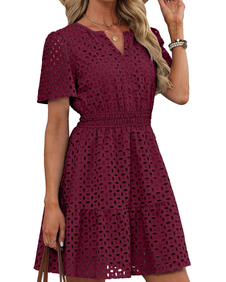 Hedwig Women's Dress – V-Neck Embroidered Lace, Short Sleeves & Mini High-Waisted Cut for Summer