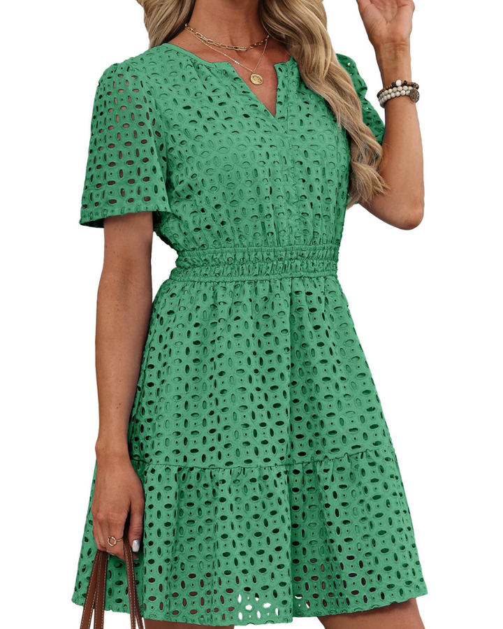 Hedwig Women's Dress – V-Neck Embroidered Lace, Short Sleeves & Mini High-Waisted Cut for Summer
