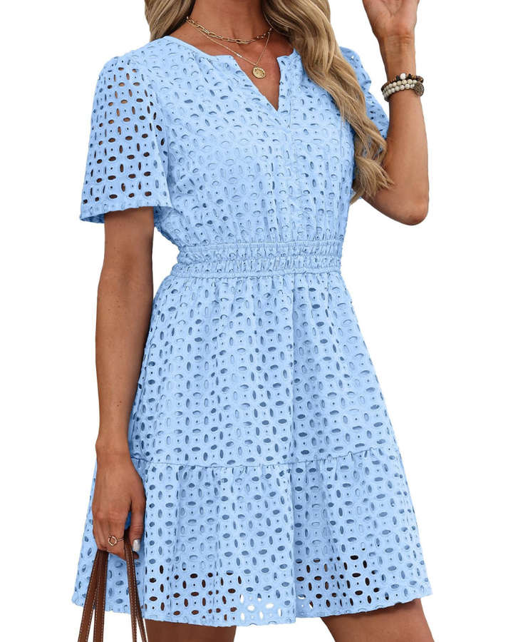 Hedwig Women's Dress – V-Neck Embroidered Lace, Short Sleeves & Mini High-Waisted Cut for Summer