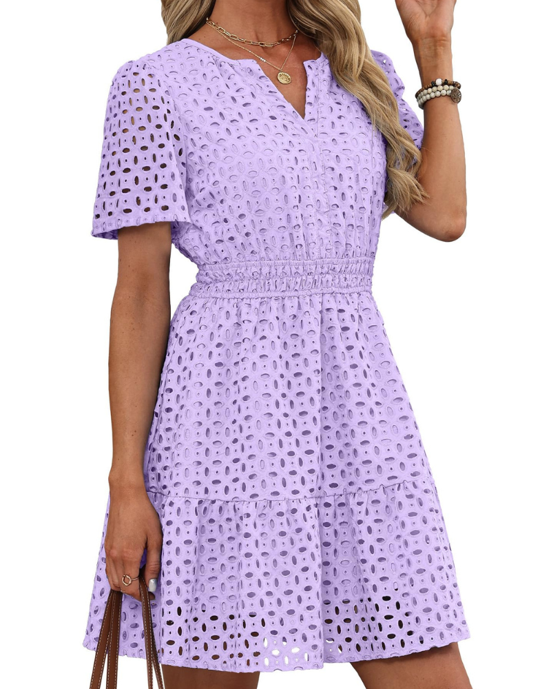 Hedwig Women's Dress – V-Neck Embroidered Lace, Short Sleeves & Mini High-Waisted Cut for Summer