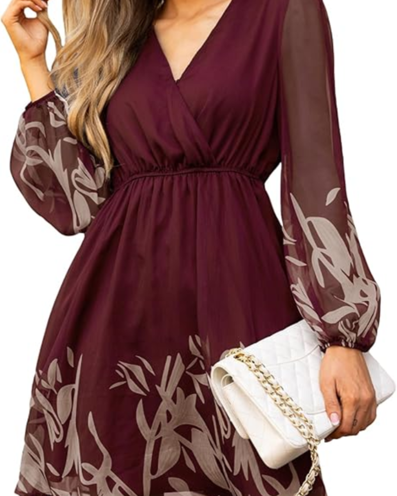 Zaya Women's Dress – Mini Wrap, V-Neck & Floral Print Long Sleeve Elegant