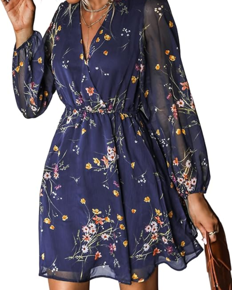 Zaya Women's Dress – Mini Wrap, V-Neck & Floral Print Long Sleeve Elegant
