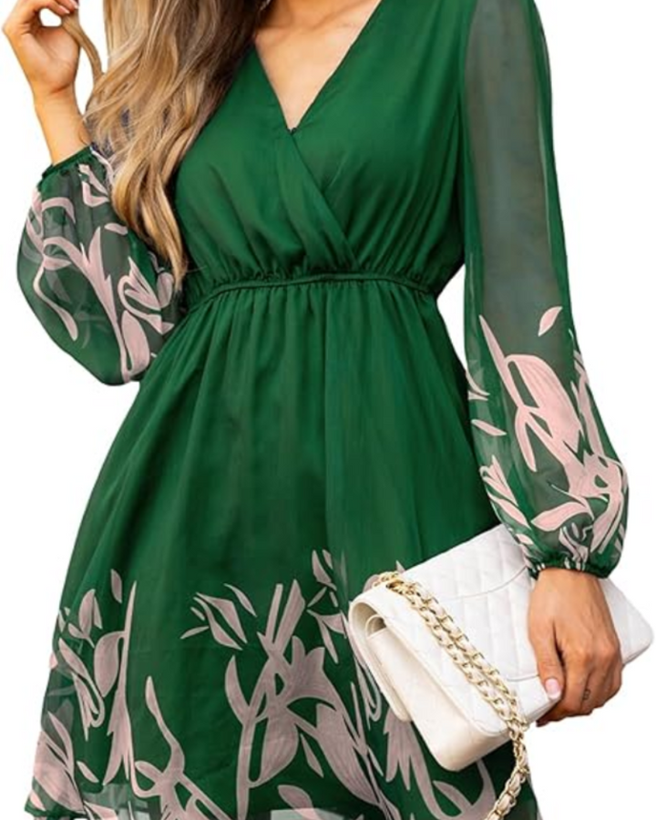Zaya Women's Dress – Mini Wrap, V-Neck & Floral Print Long Sleeve Elegant