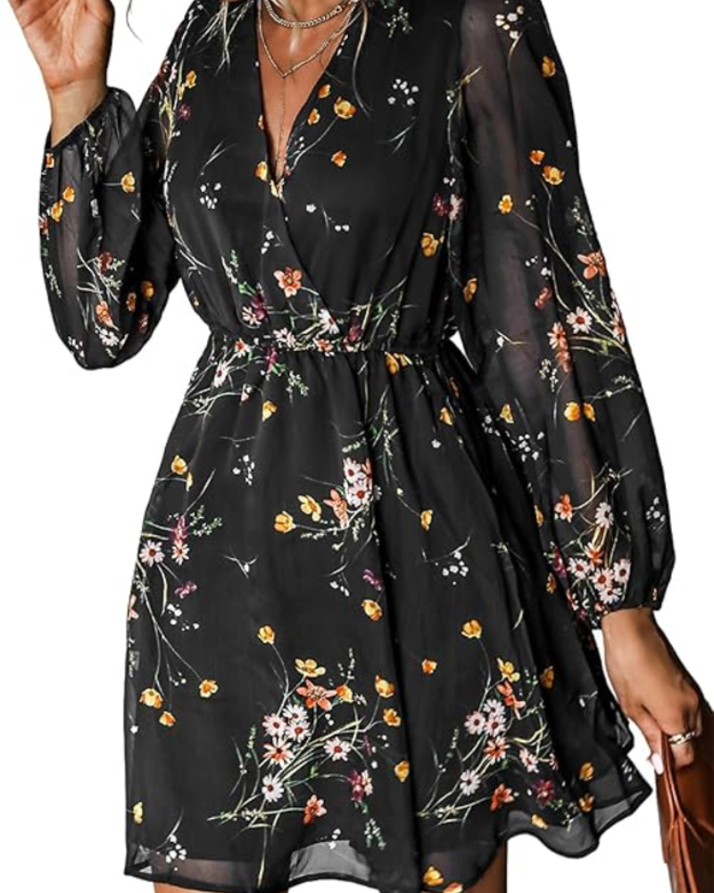 Zaya Women's Dress – Mini Wrap, V-Neck & Floral Print Long Sleeve Elegant