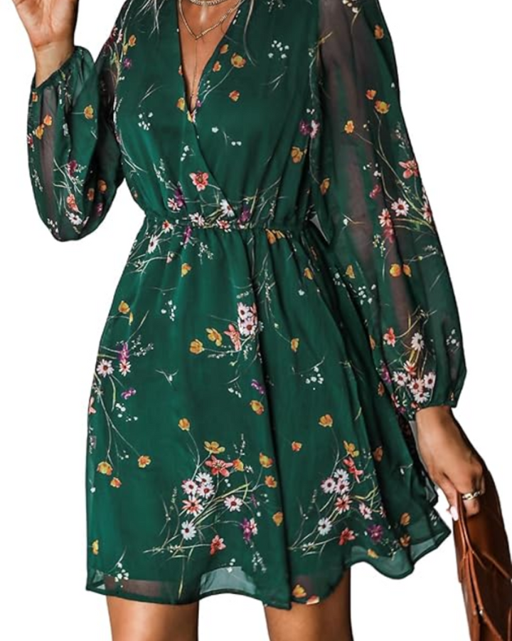 Zaya Women's Dress – Mini Wrap, V-Neck & Floral Print Long Sleeve Elegant