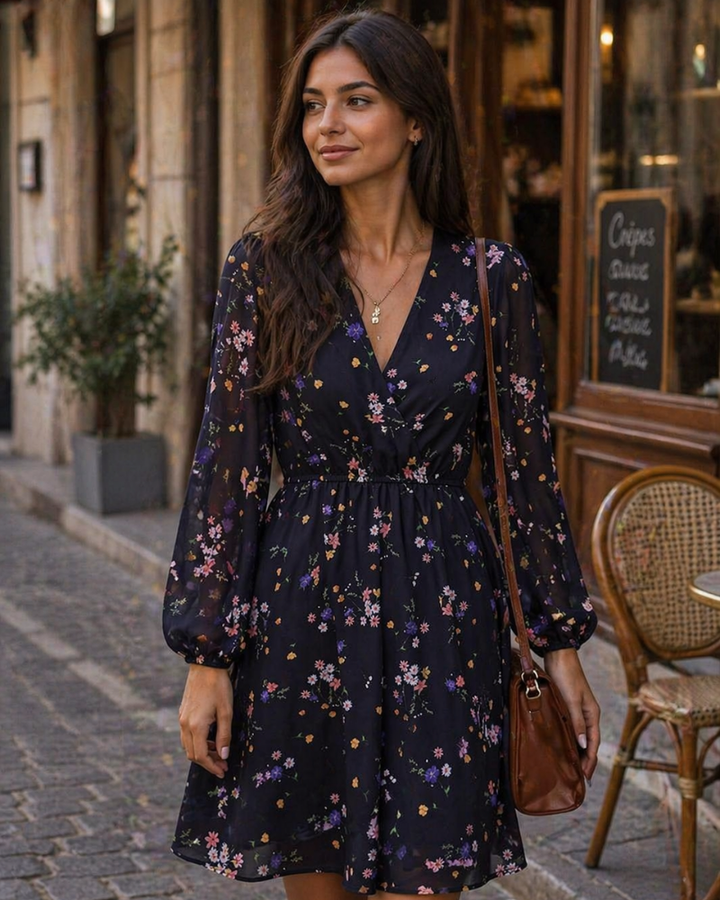 Zaya Women's Dress – Mini Wrap, V-Neck & Floral Print Long Sleeve Elegant