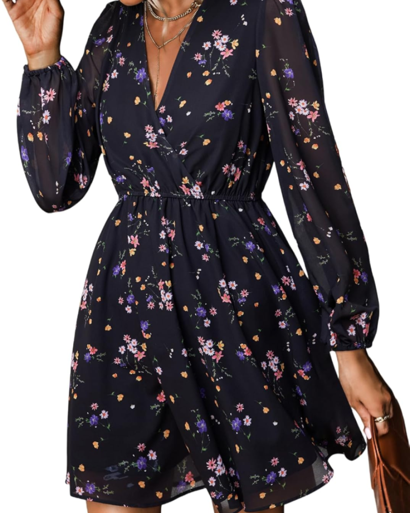 Zaya Women's Dress – Mini Wrap, V-Neck & Floral Print Long Sleeve Elegant