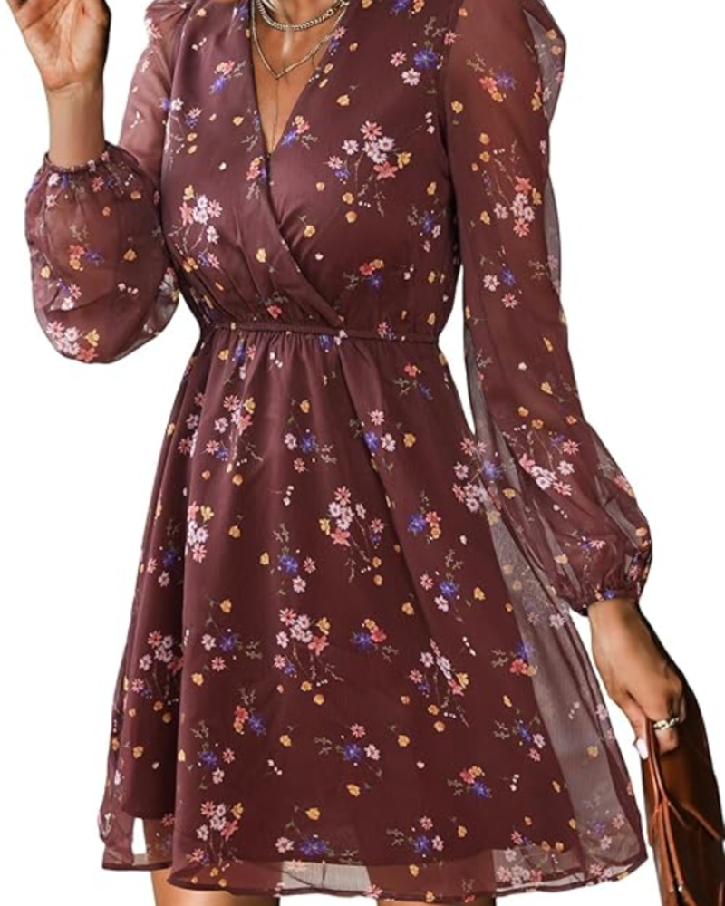 Zaya Women's Dress – Mini Wrap, V-Neck & Floral Print Long Sleeve Elegant