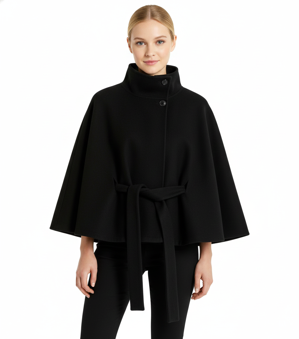 Ivanna Women's Wool Coat – Elegant High Collar with Removable Belt & Relaxed Fit
