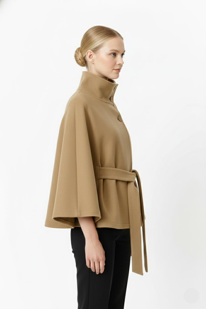 Ivanna Women's Wool Coat – Elegant High Collar with Removable Belt & Relaxed Fit