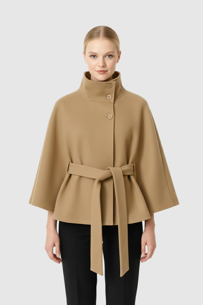 Ivanna Women's Wool Coat – Elegant High Collar with Removable Belt & Relaxed Fit