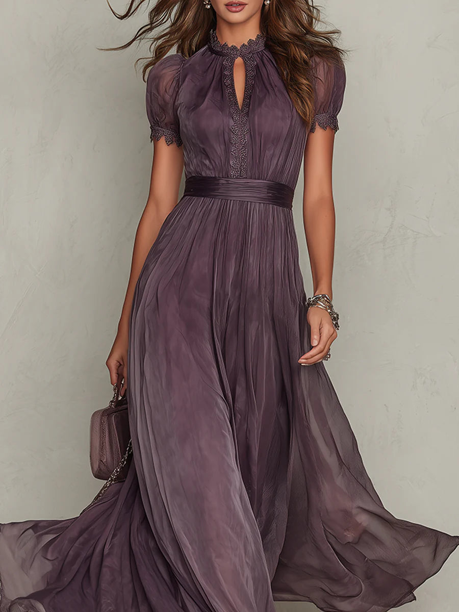 Flavia | Elegant Long Dress Purple with Teardrop Neckline Lace