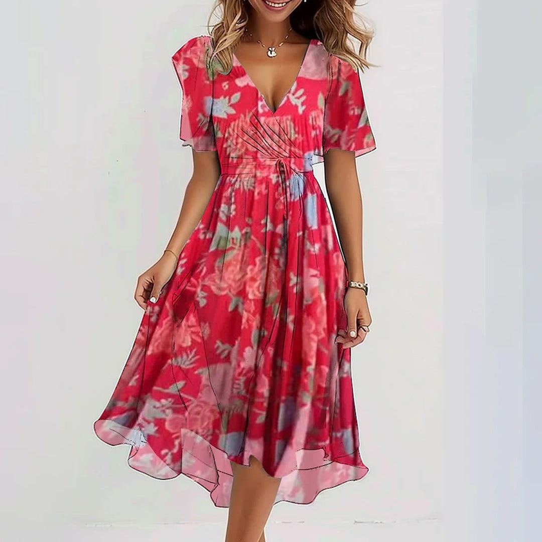 Emily Midi Dress for Women – Lightweight Chiffon Dress with Floral Print, V-Neck & Fitted Waist