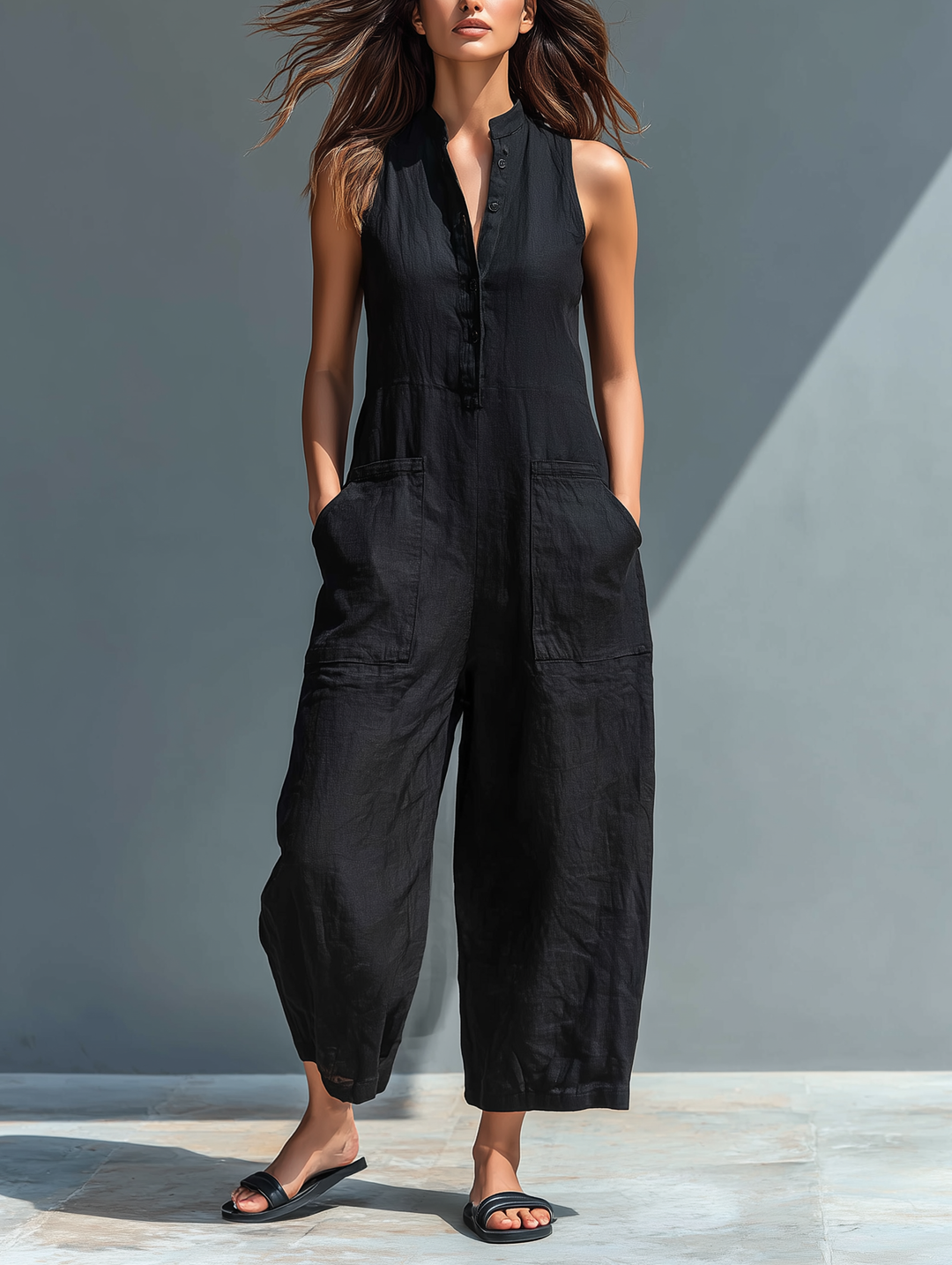 Lea | Minimalist Linen Sleeveless Jumpsuit with High Collar