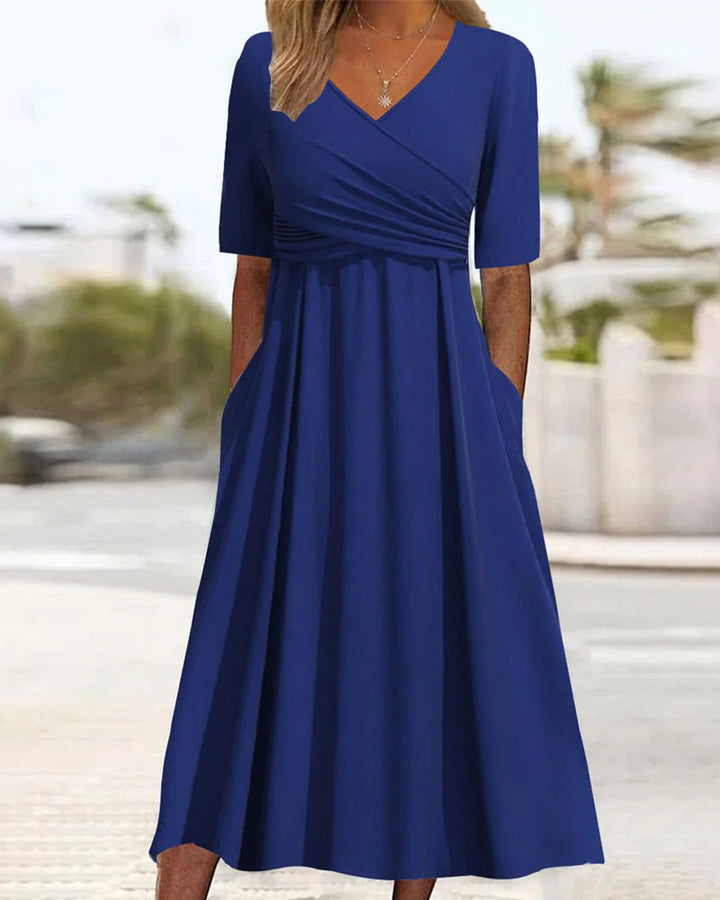 Marley Midi Dress for Women – Cotton A-Line Dress with V-Neck, Pleats, and Pockets for All Occasions