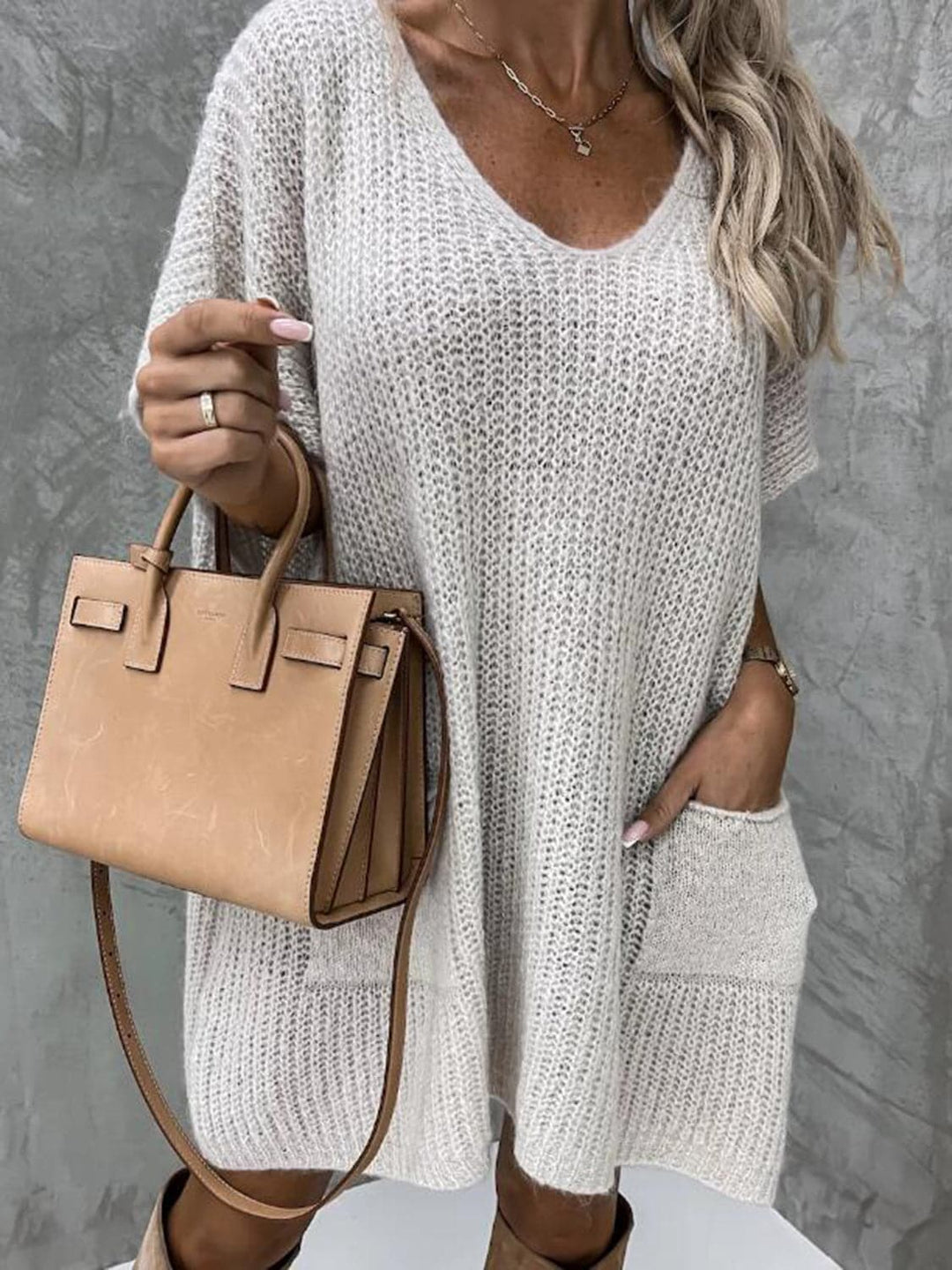 Francesca Knitted Dress for Women – Soft Knit with V-Neck, Relaxed Fit, Short Sleeves, and Front Pockets