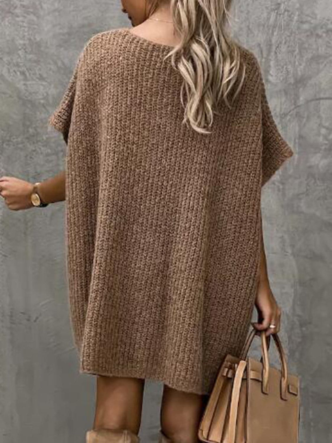 Francesca Knitted Dress for Women – Soft Knit with V-Neck, Relaxed Fit, Short Sleeves, and Front Pockets