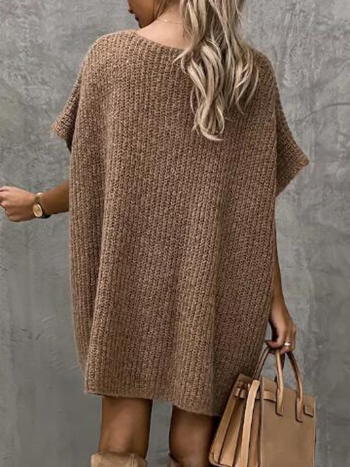 Francesca Knitted Dress for Women – Soft Knit with V-Neck, Relaxed Fit, Short Sleeves, and Front Pockets
