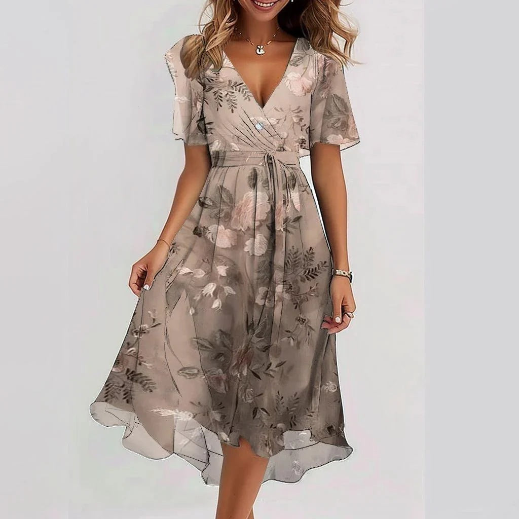 Emily Midi Dress for Women – Lightweight Chiffon Dress with Floral Print, V-Neck & Fitted Waist