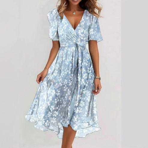 Emily Midi Dress for Women – Lightweight Chiffon Dress with Floral Print, V-Neck & Fitted Waist