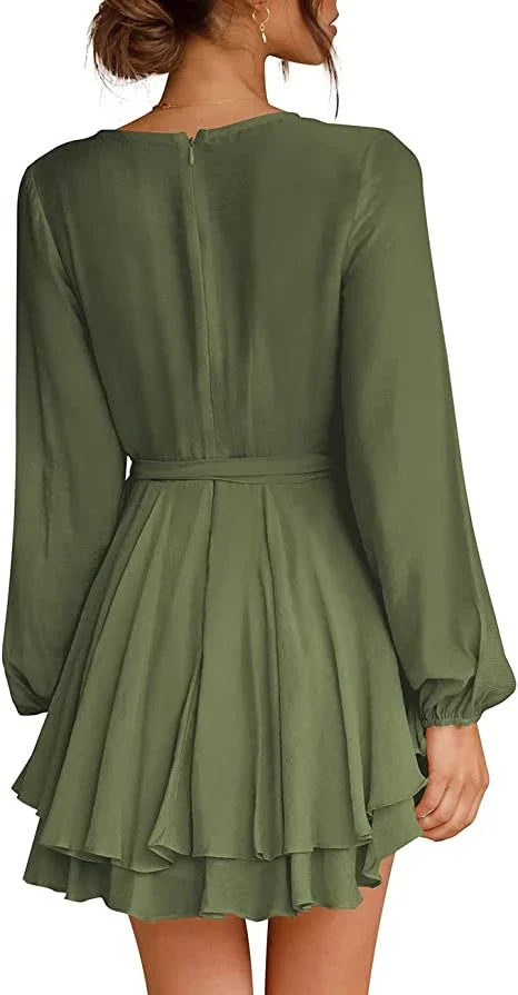 Cléo Women's Short Dress – Flared Dress with V-Neck, Belt & Long Sleeves