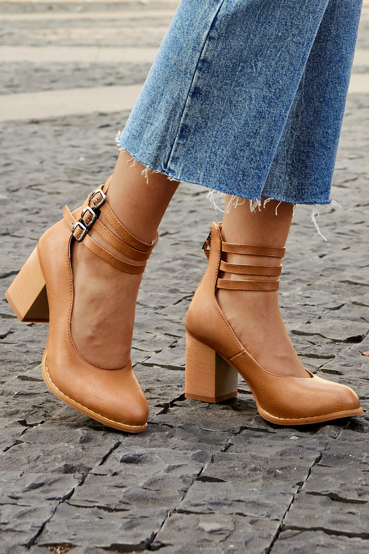 Casilda™ | Smooth Sandals with Ankle Strap and Thick Heel