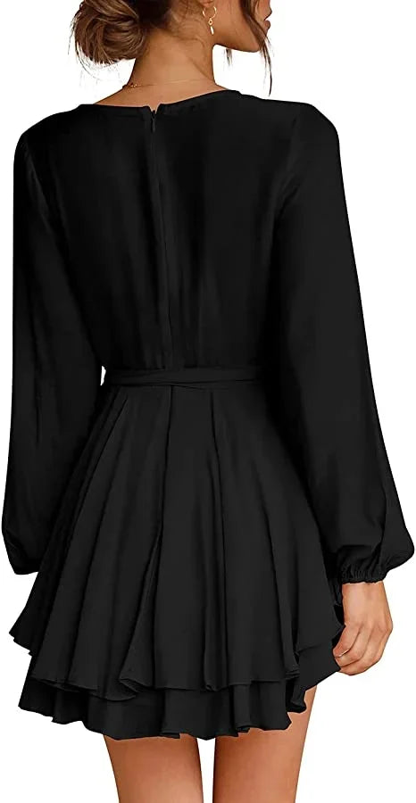 Cléo Women's Short Dress – Flared Dress with V-Neck, Belt & Long Sleeves
